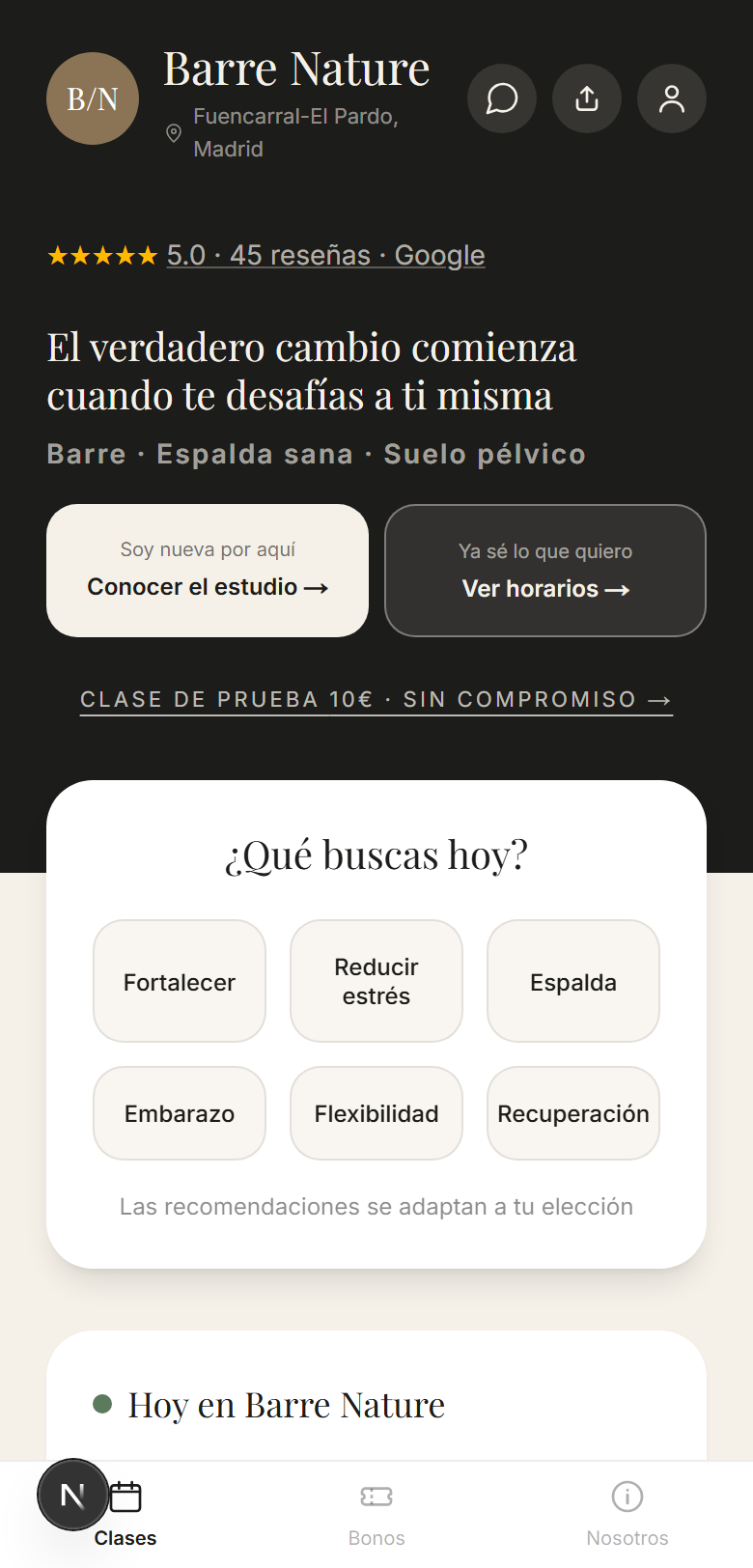 Experiencia pública de Barre Nature: pantalla de inicio con la búsqueda por objetivo y las clases disponibles.